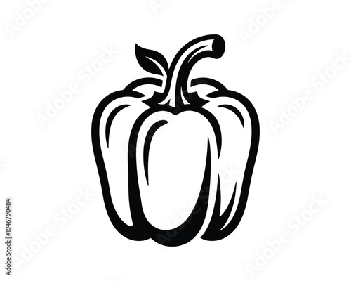 Bell pepper with stem and leaf, fresh vegetable silhouette for culinary designs