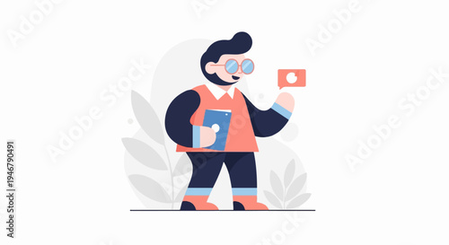 Stylized character holding a tablet and a notification icon