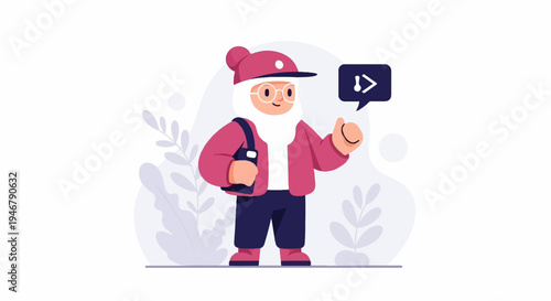 A stylized, friendly character in a hat and jacket, holding a bag, with a code symbol