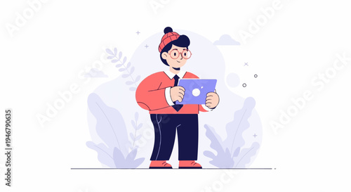Flat design illustration of a person in a red sweater and hat holding a tablet