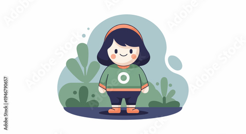 Chubby cartoon child with dark hair and orange headband, wearing green top and dark pants