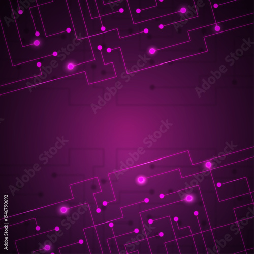 Purple neon circuit technology background with copy space, Futuristic digital network frame for tech and ai concepts, Cybersecurity abstract square background with glowing lines, Modern violet electro