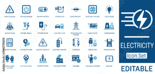 Electricity Icon Set with Power Symbols, Plugs, Cars and Energy Sources high voltage power button