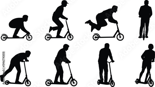 Collection of electric kick scooter rider silhouettes in different poses, urban micro mobility transport concept, people riding e scooter icons isolated on white background