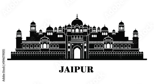Black silhouette illustration of a large Indian palace with multiple domes and towers against a white background with Jaipur text.