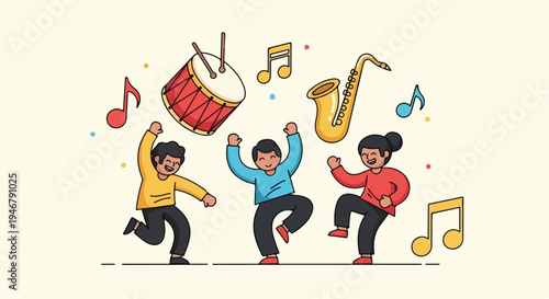 Three diverse people dancing joyfully with musical instruments and notes around them in a colorful animated scene.