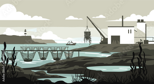 An aquaculture seaweed farm operates on a rocky coast with basket nets in the water, a crane, and a processing facility.
