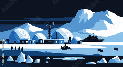 An arctic research station with geodesic domes, a snowmobile, and penguins is situated on an ice floe near a ship.