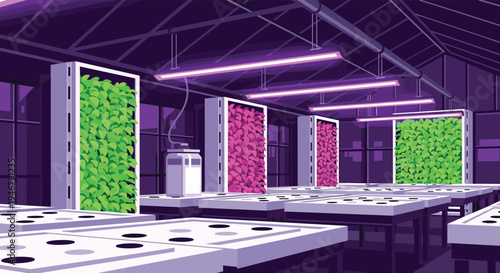 A pixel art depiction of a modern indoor vertical farm with rows of green and pink plants growing under purple LED lights in a controlled environment.