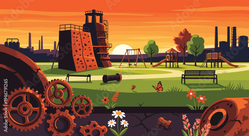 A pixel art scene shows a children's playground with swings and slides situated in a reclaimed industrial park at sunset with factories in the background.