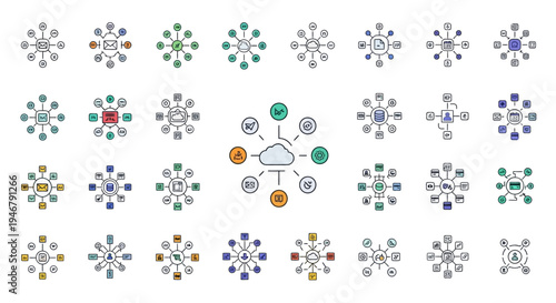 A collection of various colorful network and connection diagrams.