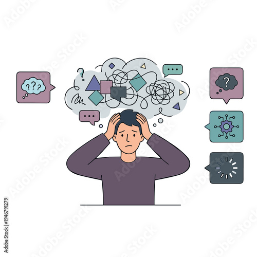 A man struggles with confused thoughts and questions in his mind
