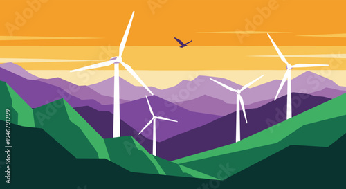 A minimalist pixel art illustration of several white wind turbines generating clean energy amidst rolling purple mountains during a vibrant sunset.