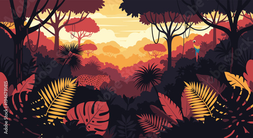 A lush jungle illustration at sunset shows a stealthy jaguar moving through dense foliage while a colorful macaw perches in the rich, layered canopy of trees.