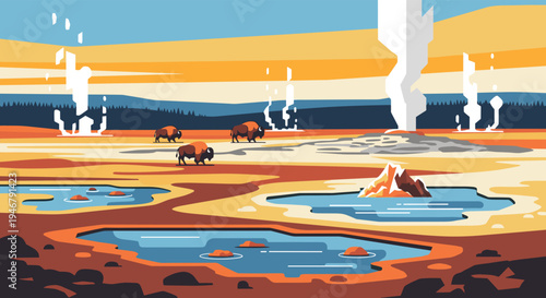 A vector art landscape depicts the geothermal wonders of a national park, with bison grazing near erupting geysers and colorful hot springs under a wide open sky.