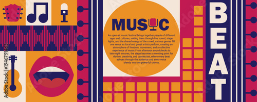 Mosaic orchestra abstract with geometric guitar music and poster pattern festival.