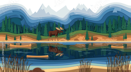 A layered paper-cutout style illustration shows a majestic moose standing by a tranquil lake, with its reflection, a forest, and snow-capped mountains in the background.