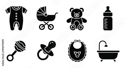 A set of eight black and white baby care icons including a onesie, stroller, teddy bear, baby bottle, rattle, pacifier, bib, and bathtub on a plain white background with a flat lay