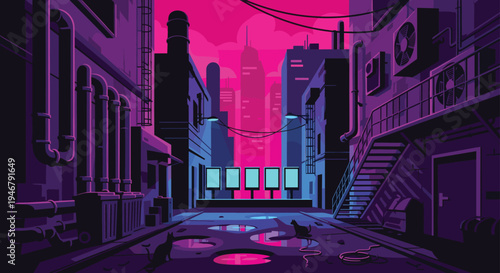 A moody, rain-slicked alley in a futuristic cyberpunk city at night is illuminated by vibrant pink and purple neon lights from towering skyscrapers.