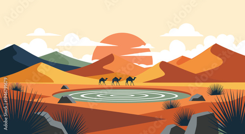 A caravan of three camels journeys across a vast desert with rolling sand dunes, passing a tranquil oasis under a setting sun.