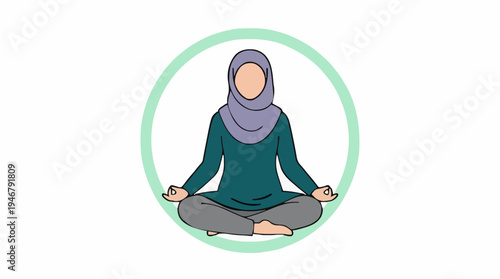 Woman Wearing Hijab Meditating in Lotus Pose Inside a Green Circle Against a White Background Peaceful Calm and Spiritual Practice