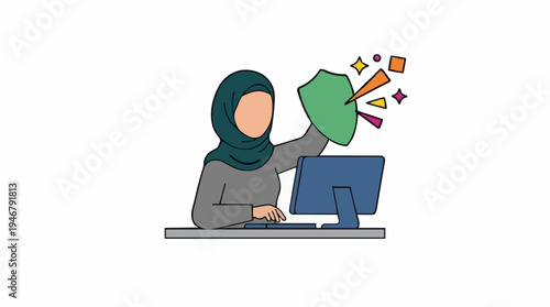 Woman Wearing Hijab Typing on Computer with Sparkling Rays of Light Emanating from a Green Object She Holds Up
