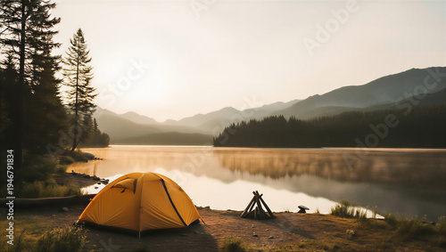 A serene camping scene by a peaceful lake surrounded by mountains and trees at sunrise