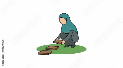 Muslim Woman Placing Garden Path Stepping Stones Outdoors Wearing Teal Hijab and Gray Outfit