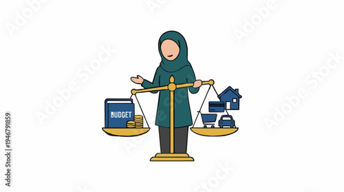 Muslim Woman Balancing Life Decisions With Scale Showing Book And Assets Like Car House And Cart