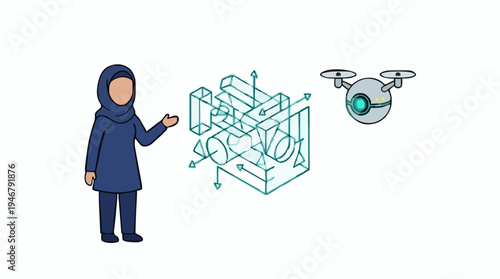 Woman In Blue Hijab And Tunic Gesturing Towards A Futuristic 3D Blueprint Display With A Small Drone Hovering Nearby On A White Background
