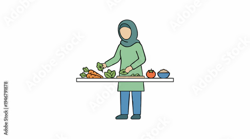 Woman wearing a hijab and green tunic preparing fresh vegetables including carrots and lettuce on a white background cutout representing healthy eating and cooking at home