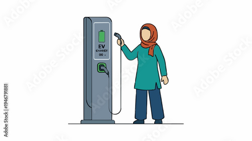 Muslim Woman In Teal Tunic Orange Hijab And Blue Pants Charging Electric Vehicle At Outdoor Station With Green Battery Icon