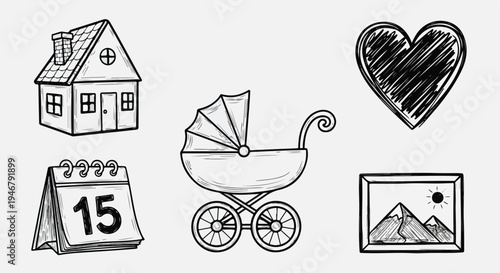 A black and white digital illustration of a house, baby stroller, heart, calendar, and framed picture on a plain background with a simple, hand-drawn style.