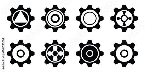 Black Gear Cogwheel Icons Different Designs, mechanical gear wheel symbol collection for engineering industry