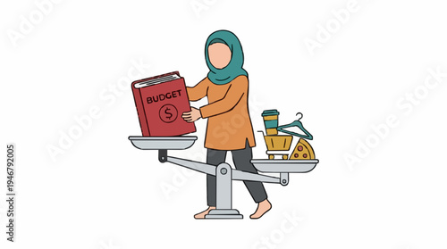 Muslim Woman Balances Book And Everyday Objects On Scale Symbolizing Life Choices And Priorities