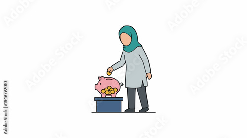 Muslim woman in a teal hijab and grey tunic putting coins into a pink piggy bank illustration on a white background