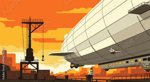A massive steampunk airship is moored at an industrial dock next to a crane and cargo crates during a vibrant orange sunset.