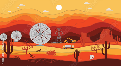 Large satellite dishes and power lines are situated in a vibrant orange desert landscape with cacti, lizards, and rock formations.