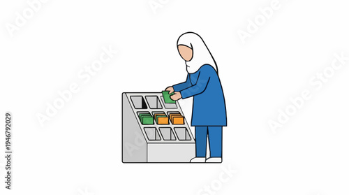 Muslim Woman in Blue Outfit and White Hijab Selecting Items from a Display Shelf with Colorful Products Indoors