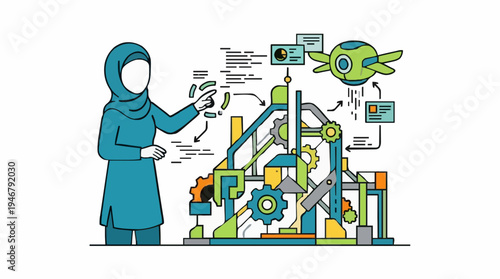 Woman in Teal Hijab Interacting With Futuristic Technology and Robotic Drone in Brightly Lit Workspace