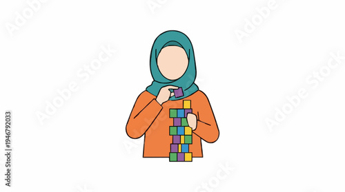 A Woman Wearing a Teal Hijab and Orange Long Sleeve Shirt Building a Colorful Block Tower on a White Background Focusing on the Activity