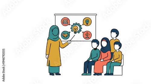Muslim woman teacher in yellow tunic points to whiteboard with colorful icons during a presentation to seated students in a classroom