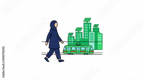 Woman Walks Past Green City Buildings and Tram with Solar Panels on Roofs Clean Energy Urban Transport Future Technology Concept