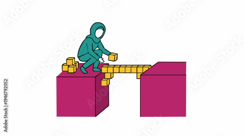 Person in teal headscarf and outfit building a yellow brick bridge across a gap between purple platforms with a white background