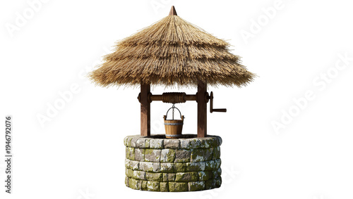 Tableau sur toile Isolated traditional rustic wishing well with thatched roof, wooden bucket, and