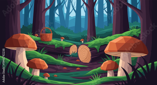 A charming pixel art scene captures a collection of large mushrooms on a forest floor, with a wicker basket resting on a cut log in a misty wood.