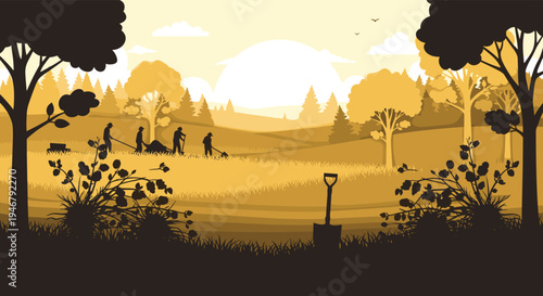 A silhouette of agricultural workers tending to a field during a golden sunrise, with a shovel in the foreground and a forest in the background.