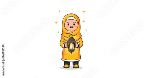 A cheerful Muslim girl in a yellow hijab and dress holding a lantern with sparkles around her on a white background.