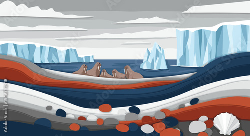 A family of walruses swims in the cold arctic ocean surrounded by large icebergs, with a colorful pebble beach in the foreground.
