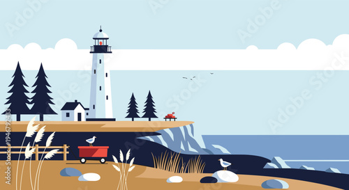 A white lighthouse and a small house stand on a coastal cliff with pine trees, overlooking a calm blue sea with seagulls and a red wagon on the shore in a flat vector illustration.